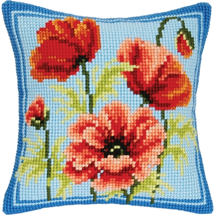 Poppies on Blue Cushion